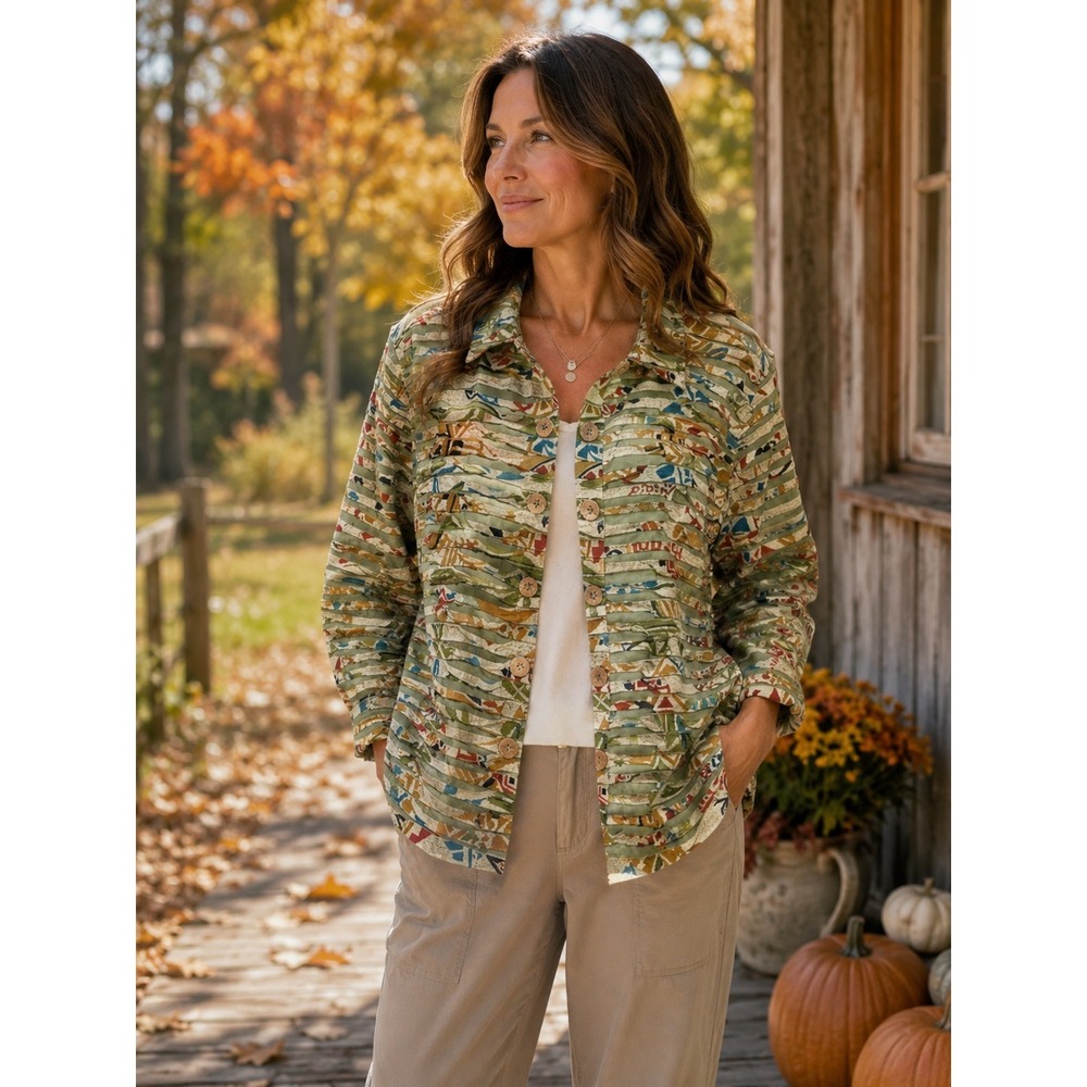 Life Style Woman Art to Wear Jacket Sage Multi Abstract Cotton 1X Lagenlook Boho